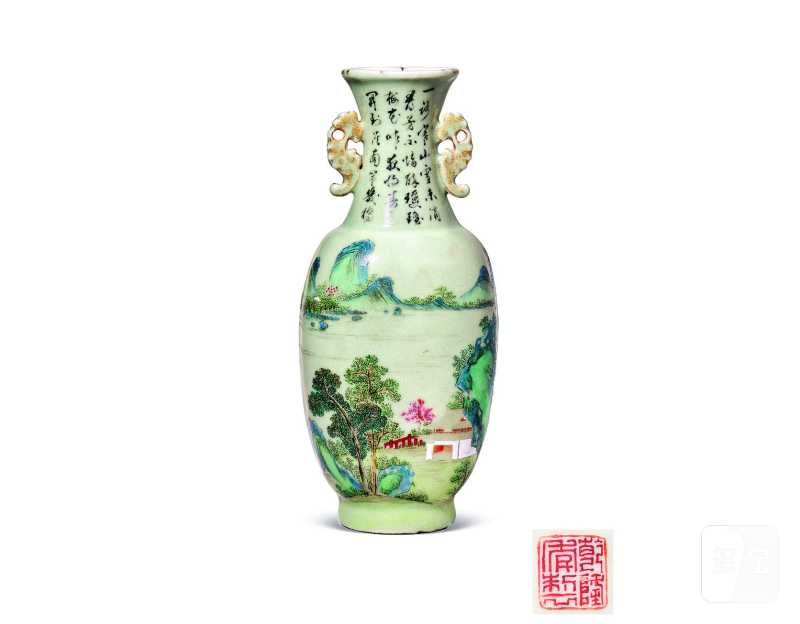 清乾隆  冬青地粉彩山水庭院诗文双耳扁瓶